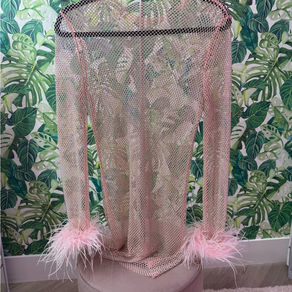 Pink Mesh sparkle dress with Feather Cuffs